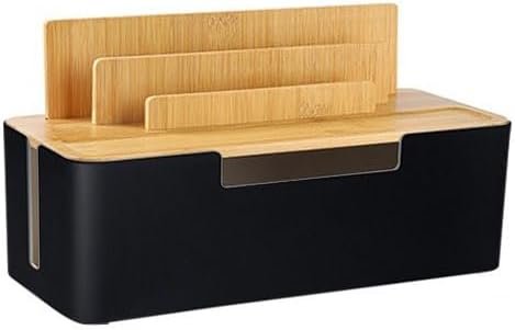 Cable Management Box with Wooden Lid, Multi-Device Organizer for Phones/Tablets/Smartwatches, Desktop Cord Organizer for Tidy Workspace (Black)