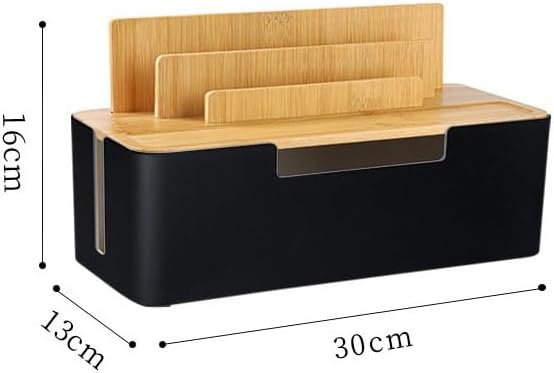 Cable Management Box with Wooden Lid, Multi-Device Organizer for Phones/Tablets/Smartwatches, Desktop Cord Organizer for Tidy Workspace (Black)