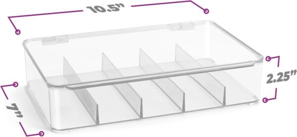 Clear Cable Organizer Storage Box – Durable Plastic Wire Management Solution with Hinged Lid & 5 Fixed Dividers for Home & Office and Sorting Jewelry, Small Toys, Building Blocks, Markers