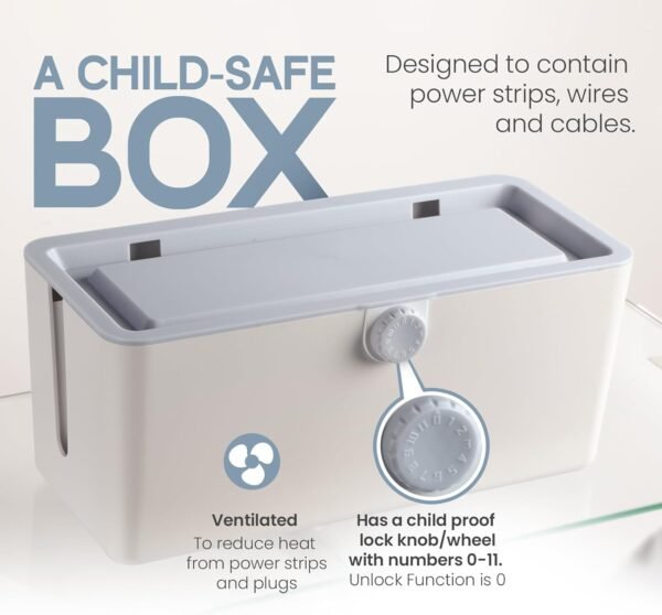 Cable Management Box - Cord Organizer with Child Proof Lock - Cord Hider to Conceal Wires,Power Strips from TV,Computer,Desk and Babies - 12 X 5.25 x 5.25 (Gray)
