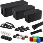 Cable Management Box, 3 Pack Cord Organizer Boxes with 33 PCS Cable Management Set to Cover Hide Power Strip, Surge Protector Under Desk & on Floor, Wire Concealer for Home Office Computer TV (Black)