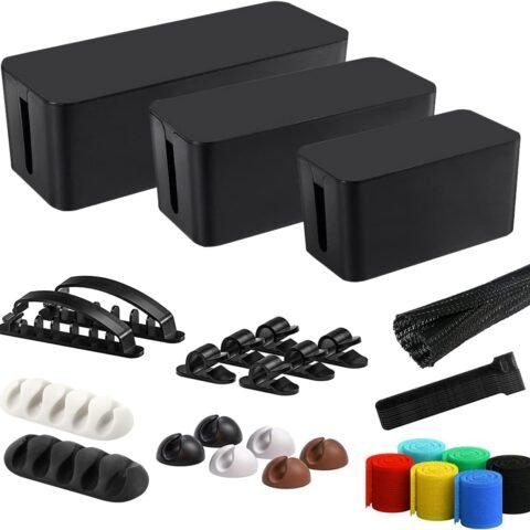 Cable Management Box, 3 Pack Cord Organizer Boxes with 33 PCS Cable Management Set to Cover Hide Power Strip, Surge Protector Under Desk & on Floor, Wire Concealer for Home Office Computer TV (Black)