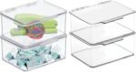 Small Plastic Home Office Storage Organizer Box Containers w/Hinged Lid for Desktops - Holds Pens, Pencils, Sticky Notes, Highlighters, Staples, Supplies -  Collection, 4 Pack - Clear