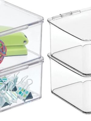 Small Plastic Home Office Storage Organizer Box Containers w/Hinged Lid for Desktops - Holds Pens, Pencils, Sticky Notes, Highlighters, Staples, Supplies -  Collection, 4 Pack - Clear