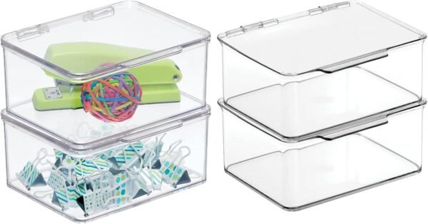 Small Plastic Home Office Storage Organizer Box Containers w/Hinged Lid for Desktops - Holds Pens, Pencils, Sticky Notes, Highlighters, Staples, Supplies -  Collection, 4 Pack - Clear