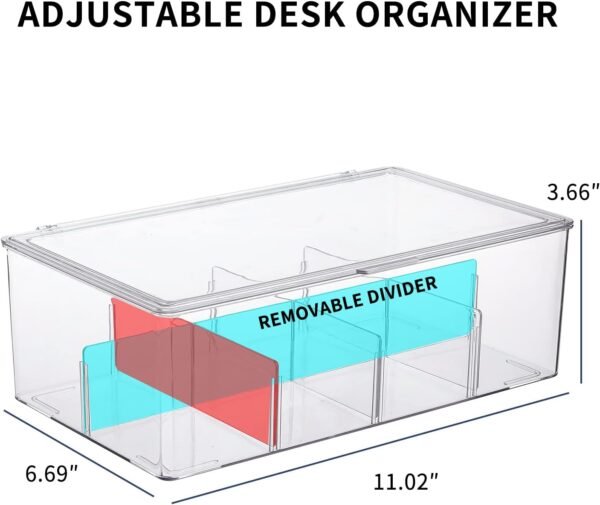 Clear Plastic Cord Organizer Box with Adjustment Compartments, Large Cable Management Case with Lid and 10 Wire Ties for Desk Drawer, Home Office, Art Supply, Electronic Accessories (1 PACK)