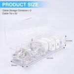Set of 2 Cable Organizer Storage Box with Lid Clear Plastic Stackable Charging Cord Electronics Management Boxes Holder with 20pcs Wire Ties for Home Office Desktop Drawer Case