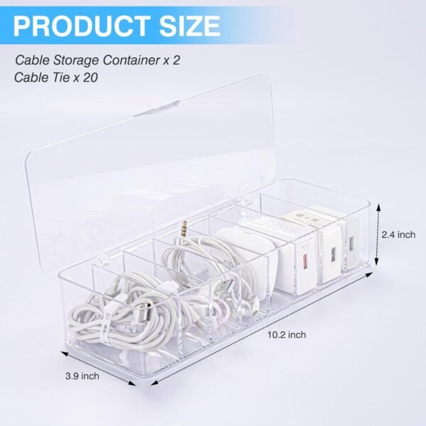 Set of 2 Cable Organizer Storage Box with Lid Clear Plastic Stackable Charging Cord Electronics Management Boxes Holder with 20pcs Wire Ties for Home Office Desktop Drawer Case