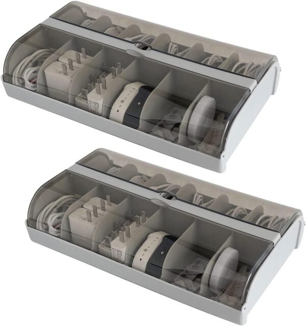 2 Pack Extra Large Cable Organizer Box with 12 Compartments, Plastic Desk Drawer Storage with Lid for Cords, Wire, Phone Charger, Art Crafts, Workshop Tools, Nails, Clips (Gray)