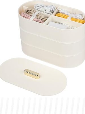 Large Cord Organizer Box with Lid, Plastic Cable Storage Case with 20pcs Wire Ties for Desk Drawer, Home Office Supplies, Electronics, Clips, Clamps, Phone Charger, USB, Data Cables (White)