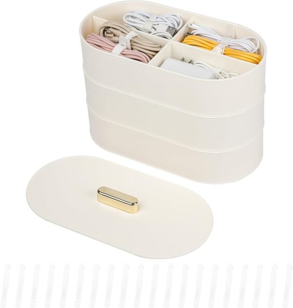 Large Cord Organizer Box with Lid, Plastic Cable Storage Case with 20pcs Wire Ties for Desk Drawer, Home Office Supplies, Electronics, Clips, Clamps, Phone Charger, USB, Data Cables (White)