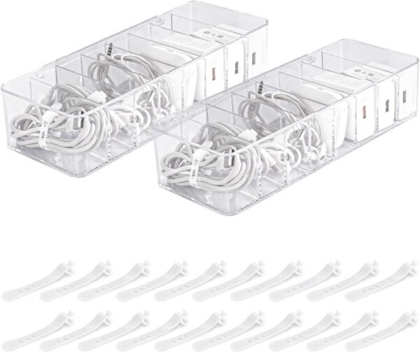 Set of 2 Cable Organizer Storage Box with Lid Clear Plastic Stackable Charging Cord Electronics Management Boxes Holder with 20pcs Wire Ties for Home Office Desktop Drawer Case