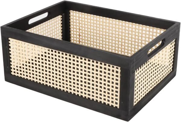 Wooden Frame Storage Basket, Decorative Organizer Crates Box with Built-in Handle,Natural Wire Wood Nesting Drawer Storage for Kitchen, Bathroom and Office Desktop-(15" Lx11 Wx6.3 H-Black)