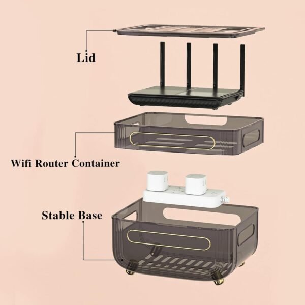 Desktop & Wall-Mounted Router Storage Plastic Wireless WiFi Router Box, Living Room Set-top Box Shelf for Cable Box/DVD Players/Game Console, Container Fit for Power Boards, USB Cables, Grey