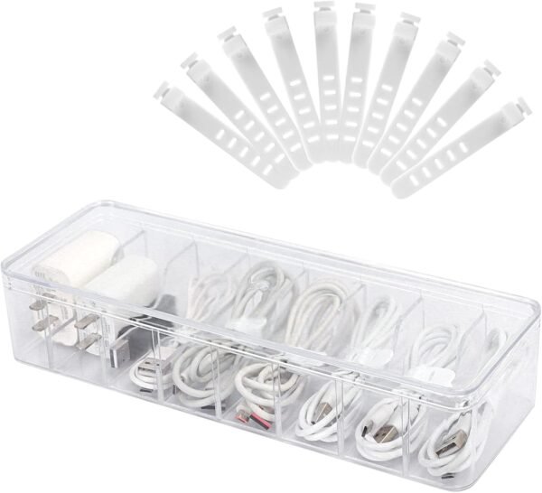 Clear Electronics Organizer Box with 10 Wire Ties, Desktop Cable Management Box with Lid, Acrylic Cord Organizer Case 8 Compartment Electronic Accessories Case for Desk Drawer, Office, Home