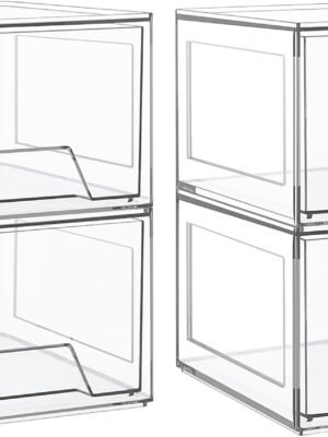 4 Pack Stackable Makeup Organizer,4.4'' Tall Acrylic Bathroom Organizer and Storage Drawers, Clear Plastic Drawer Storage Bins For Vanity, Undersink, Cabinets, Pantry