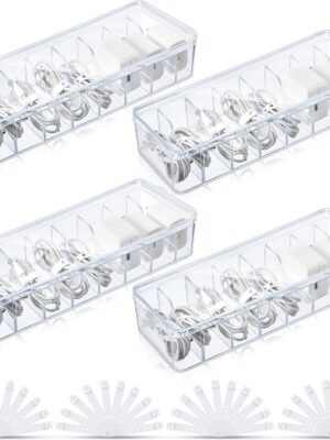 4 Pcs Cable Organizer with 40 Wire Ties, Clear Plastic Cord Charger Storage Box with Clear Lid for Home Office Desk Organization and Accessories