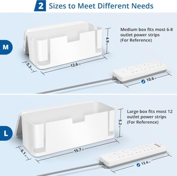 Cable Management Box White, 2Pack Cord Organizer Box - Extra Large and Medium Size, Cord Hider Box to Conceal Power Strips on Desk or Floor, Made from Electrically Safe ABS Material