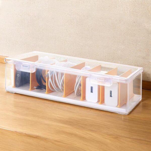 Clear Cable Organizer Box with Lid, Plastic Charger Cable Cord Storage Organizer, Office Desk Organizers, Multifunctional Accessories Storage for Home Drawer Office, Stackable, Clear
