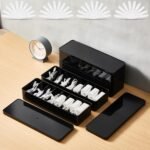 4 Pcs Cable Organizer with 40 Wire Ties, Black Plastic Cord Charger Storage Box with Black Lid for Home Office Desk Organization and Accessories