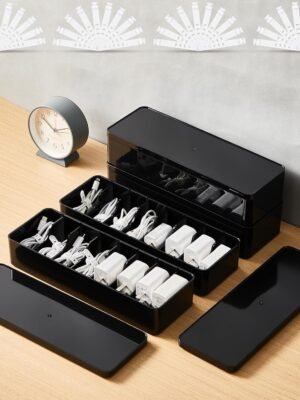 4 Pcs Cable Organizer with 40 Wire Ties, Black Plastic Cord Charger Storage Box with Black Lid for Home Office Desk Organization and Accessories
