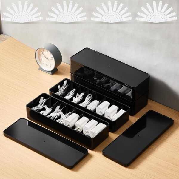 4 Pcs Cable Organizer with 40 Wire Ties, Black Plastic Cord Charger Storage Box with Black Lid for Home Office Desk Organization and Accessories