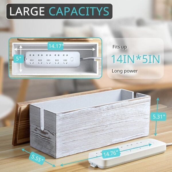 Large Cable Management Box, White Washed Wood Cord Organizer Box for Desk, Floor, Office to Hide Extension Cords Power Stripes Surge Protectors Chargers Wires