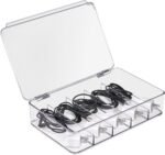 Clear Cable Organizer Storage Box – Durable Plastic Wire Management Solution with Hinged Lid & 5 Fixed Dividers for Home & Office and Sorting Jewelry, Small Toys, Building Blocks, Markers