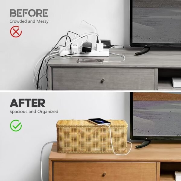 Cable Management Box,2 Open Slots Cord Organizer Hider Box with Lid,13.7" L*6.2" W Handwoven Imitation Rattan Cable Organizer Box for TV Wire Computer Router & Power Strip-A Style(Light Brown)