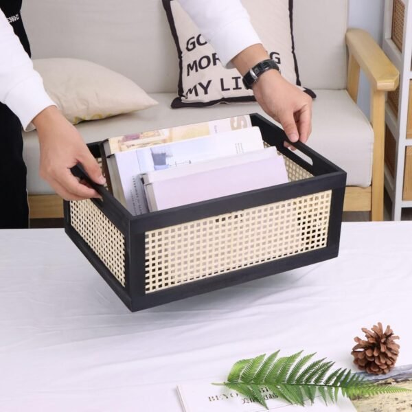 Wooden Frame Storage Basket, Decorative Organizer Crates Box with Built-in Handle,Natural Wire Wood Nesting Drawer Storage for Kitchen, Bathroom and Office Desktop-(15" Lx11 Wx6.3 H-Black)
