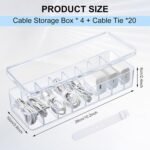 4 Pcs Cable Organizer with 40 Wire Ties, Clear Plastic Cord Charger Storage Box with Clear Lid for Home Office Desk Organization and Accessories