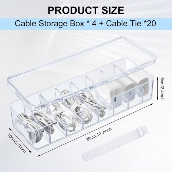 4 Pcs Cable Organizer with 40 Wire Ties, Clear Plastic Cord Charger Storage Box with Clear Lid for Home Office Desk Organization and Accessories