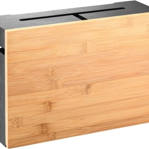 Bamboo Cable Management Box with Magnetic Lid & Ties - Elegant, Durable Cable Organizer to Hide Cords & Power Strip - Wall Mountable Box Hider for Home, Office, Desk & More (Black)