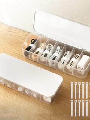 2 Pcs Cable Organizer Storage Box with 14 Wire Ties,Desktop Cable Management Box with Lid,Power Cord Organizer for Office,Home,Desk Accessories Storage Stationery Supplies White