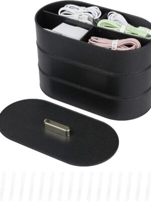 Large Cord Storage Organizer with Lid, Plastic Cable Box with 20pcs Wire Ties for Desk Drawer, Home Office Supplies, Electronics, Clips, Clamps, Pens, Phone Chargers, Art Craft (Black)