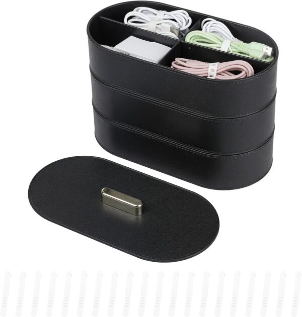Large Cord Storage Organizer with Lid, Plastic Cable Box with 20pcs Wire Ties for Desk Drawer, Home Office Supplies, Electronics, Clips, Clamps, Pens, Phone Chargers, Art Craft (Black)