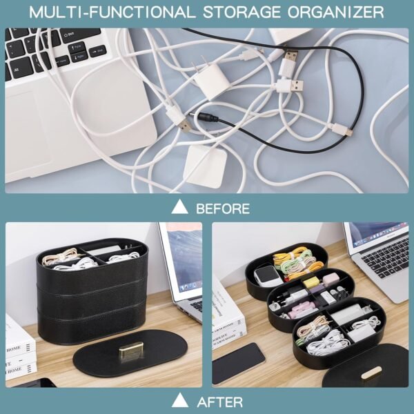 Large Cord Storage Organizer with Lid, Plastic Cable Box with 20pcs Wire Ties for Desk Drawer, Home Office Supplies, Electronics, Clips, Clamps, Pens, Phone Chargers, Art Craft (Black)