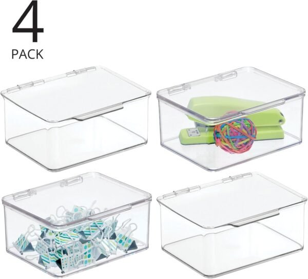 Small Plastic Home Office Storage Organizer Box Containers w/Hinged Lid for Desktops - Holds Pens, Pencils, Sticky Notes, Highlighters, Staples, Supplies -  Collection, 4 Pack - Clear