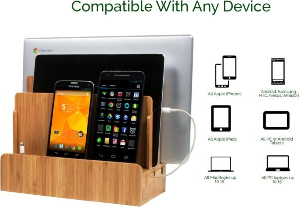 Multi-Device Charging Station Dock & Organizer - Multiple Finishes Available. for Laptops, Tablets, and Phones - Strong Build, Eco-Friendly Bamboo