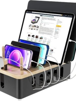 Metal Charging Station for Multiple Devices,New Upgrade Wood Charging Station for Phone Tablet Smart Watch Holder Desk Organizers，Matte Black Dock Device Organizer