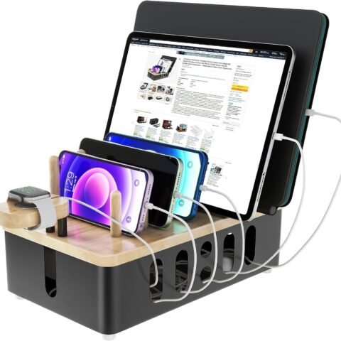 Metal Charging Station for Multiple Devices,New Upgrade Wood Charging Station for Phone Tablet Smart Watch Holder Desk Organizers，Matte Black Dock Device Organizer