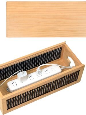 Pinewood Cable Management Box with Bamboo Rattan Mesh - Vintage Cord Organizer Box for Desk with Valet Tray, Cord Management Box with Pull-Out Lid Design Safe for Kids and Pets (Black)