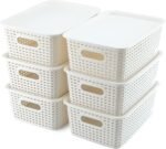 Plastic Storage Baskets With Lid Organizing Container Lidded Knit Storage Organizer Bins for Shelves Drawers Desktop Closet Playroom Classroom Office, White, 6 Pack