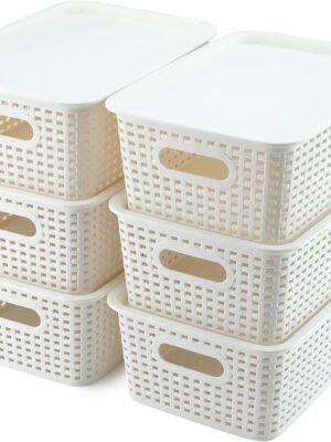Plastic Storage Baskets With Lid Organizing Container Lidded Knit Storage Organizer Bins for Shelves Drawers Desktop Closet Playroom Classroom Office, White, 6 Pack