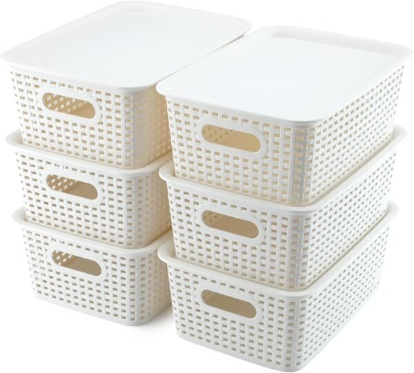 Plastic Storage Baskets With Lid Organizing Container Lidded Knit Storage Organizer Bins for Shelves Drawers Desktop Closet Playroom Classroom Office, White, 6 Pack