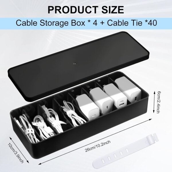4 Pcs Cable Organizer with 40 Wire Ties, Black Plastic Cord Charger Storage Box with Black Lid for Home Office Desk Organization and Accessories