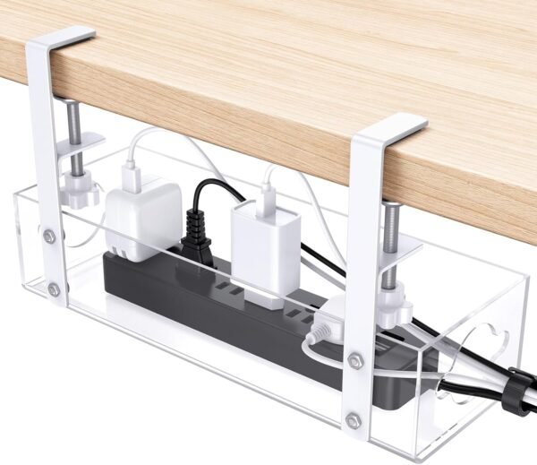 Acrylic Under Desk Cable Management Tray,  Neat and Smooth Cable Organizers with Clamp for Wire Management,2 Hole Under Desk Storage, Clear