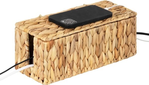 Cable Management Box, 2 Slots Wicker Cable Organizer to Hide Cords and Power Strip, Water Hyacinth Cord Hider Box for Home & Office