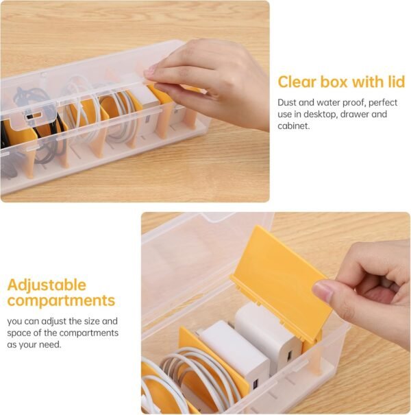 Clear Cable Organizer Box with Lid, Plastic Charger Cable Cord Storage Organizer, Office Desk Organizers, Multifunctional Accessories Storage for Home Drawer Office, Stackable, Clear