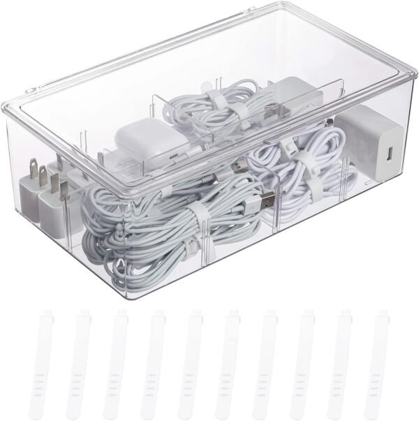 Clear Plastic Cord Organizer Box with Adjustment Compartments, Large Cable Management Case with Lid and 10 Wire Ties for Desk Drawer, Home Office, Art Supply, Electronic Accessories (1 PACK)